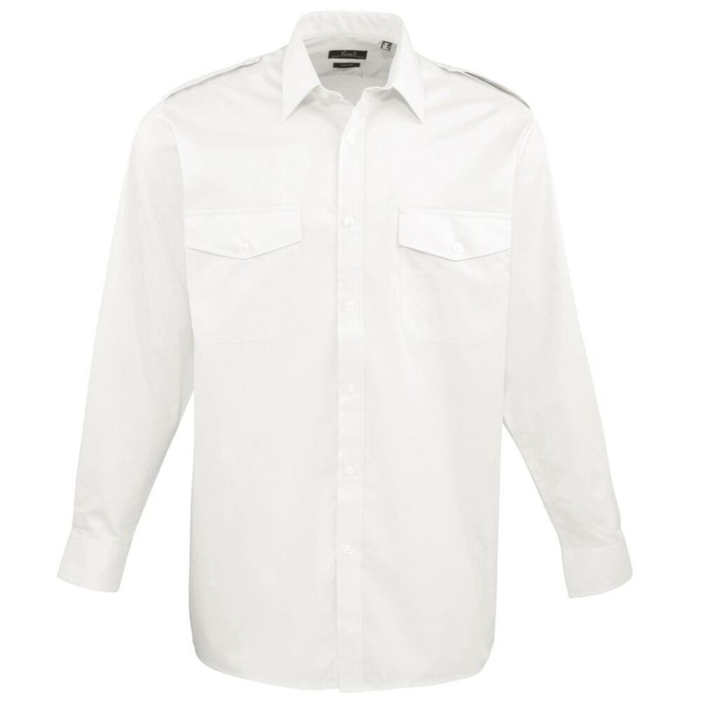 Premier Mens Long Sleeve Pilot Plain Work Shirt / White